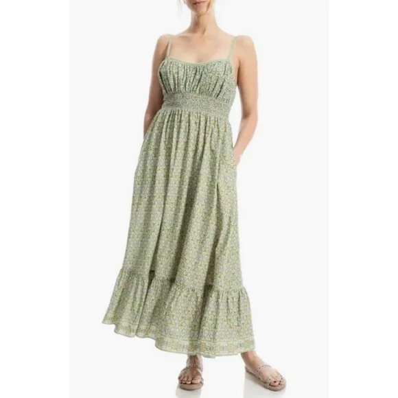 max studio green maxi dress MAX STUDIO WOMEN'S PRINTED LONG V NECK MAXI DRESS FLORAL GREEN XS NEW! $128